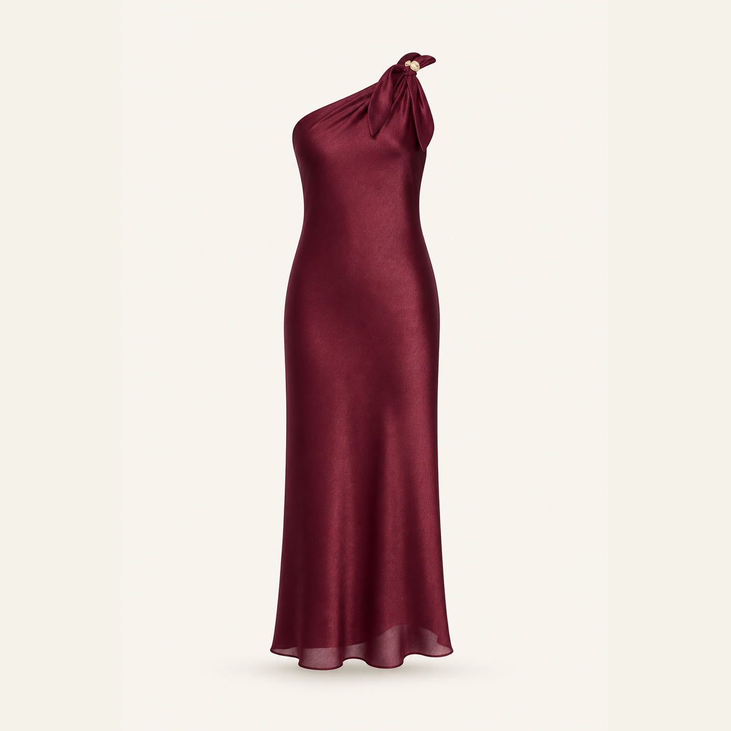 Burgundy satin bias-cut slip dress with sheer-edged hem, flat product view