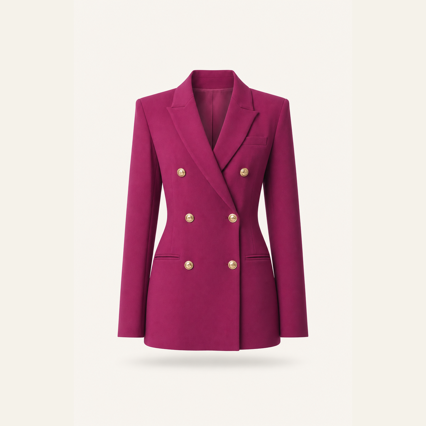 Magenta crepe blazer with welt pockets and long sleeves, flat lay