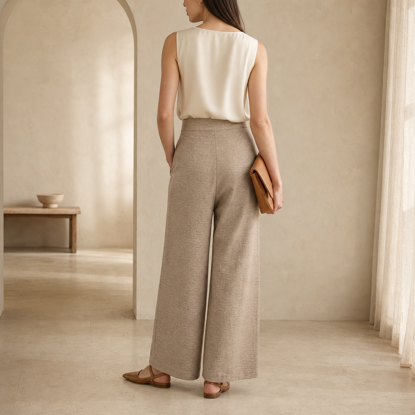 Taupe linen wide-leg trouser with pull-on waistband by Lord & Taylor Heritage, back view