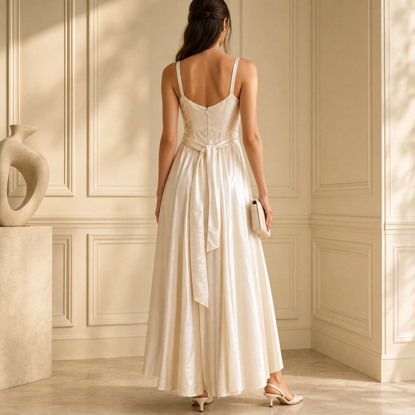 Ecru wrap dress showing draping detail and wrap closure, side angle