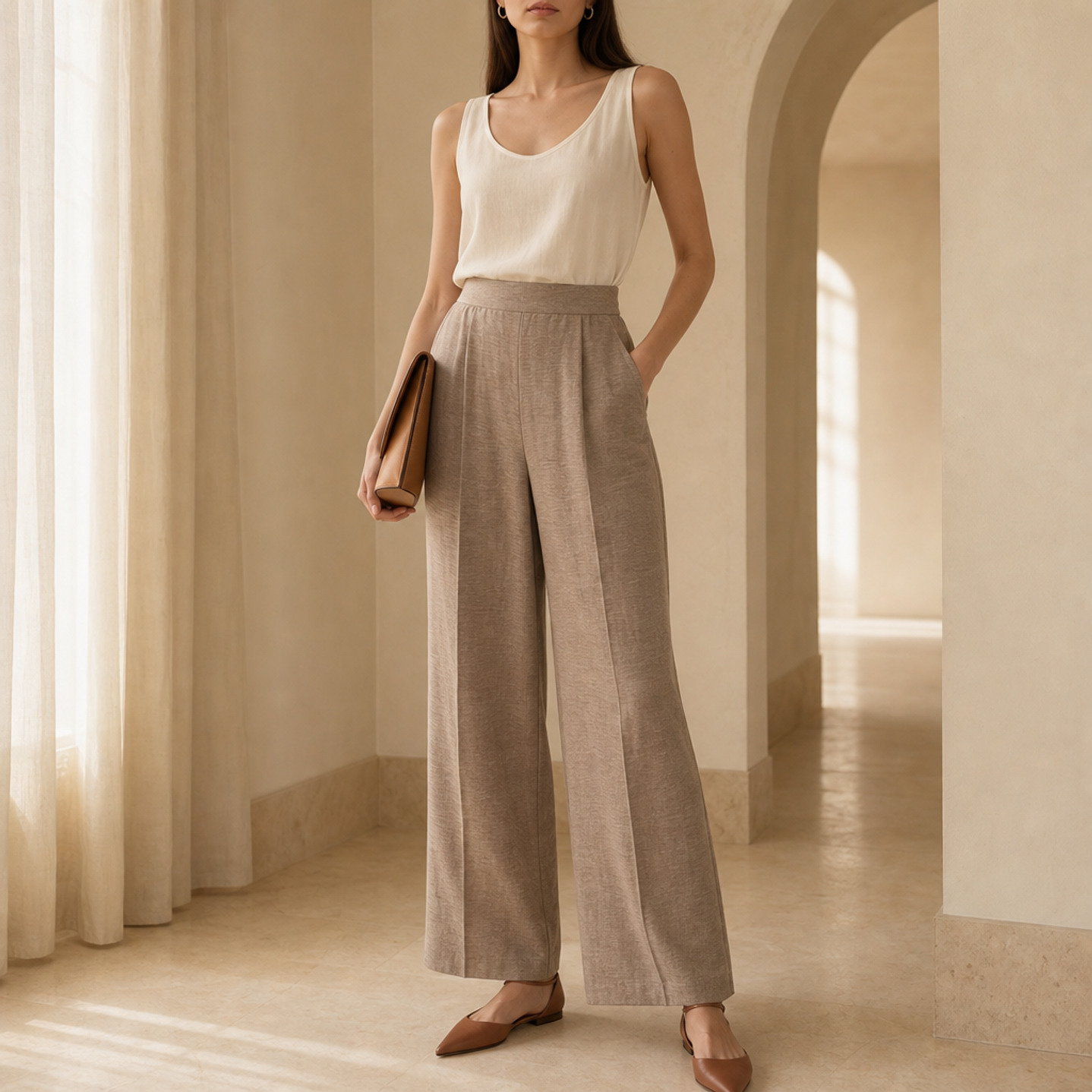 Taupe linen wide-leg trouser with pressed crease by Lord & Taylor Heritage, front view