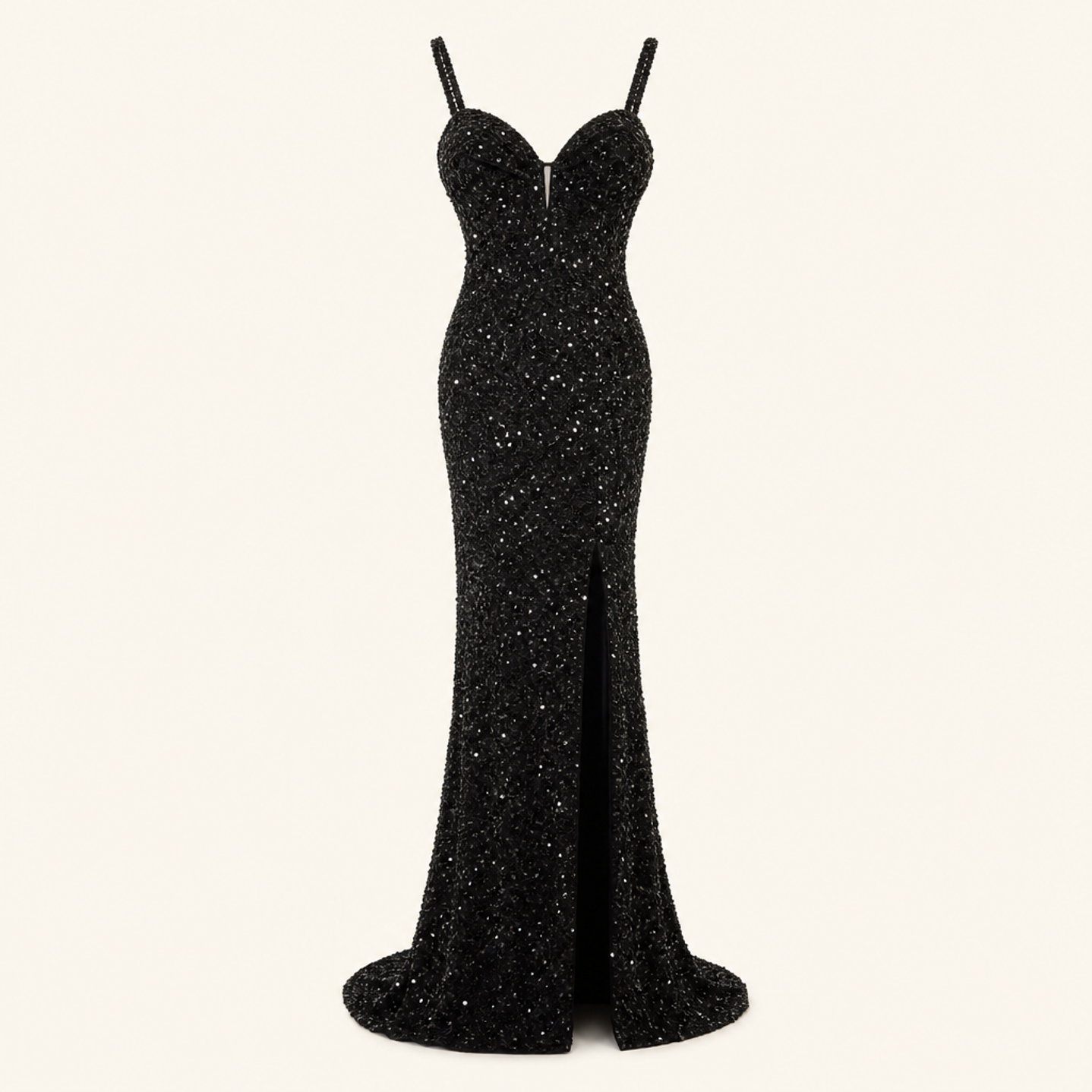 Black sequin sweetheart gown flat lay showing column silhouette by Lord & Taylor Heritage