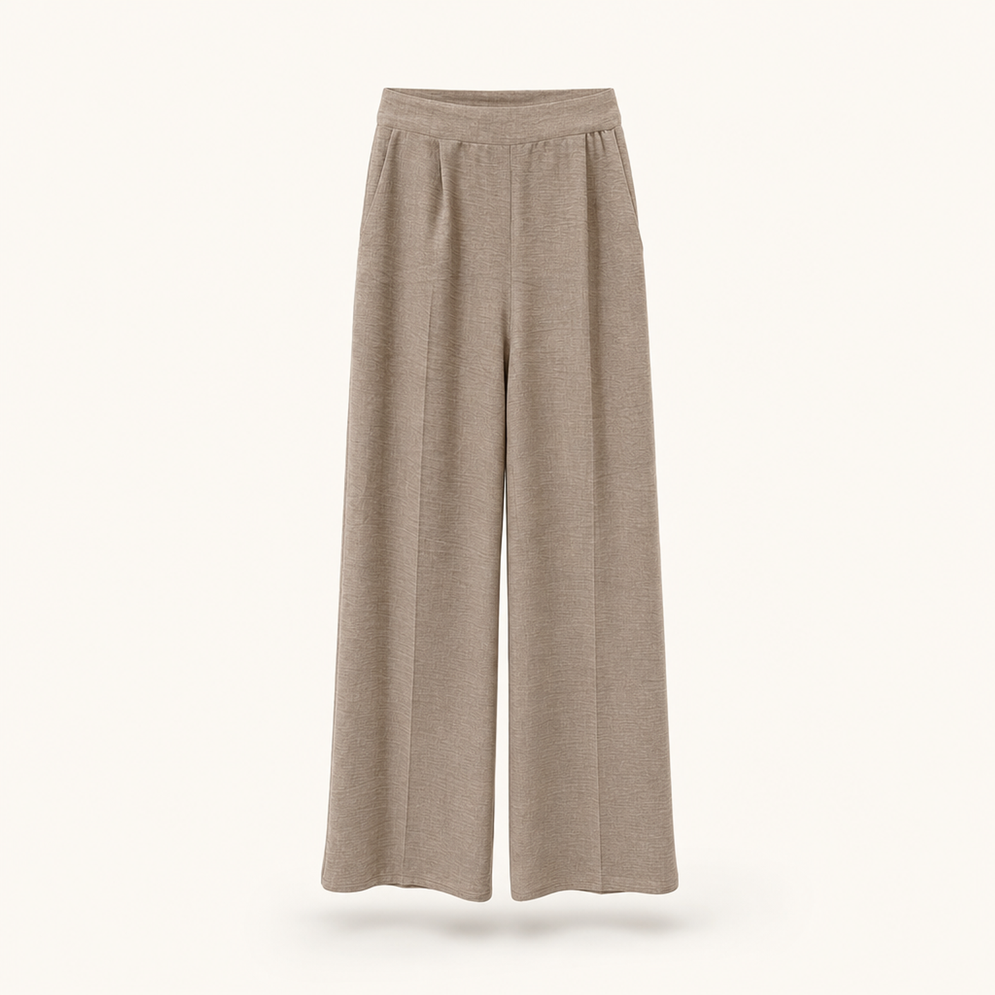 Taupe linen wide-leg trouser flat lay showing pressed center crease by Lord & Taylor Heritage