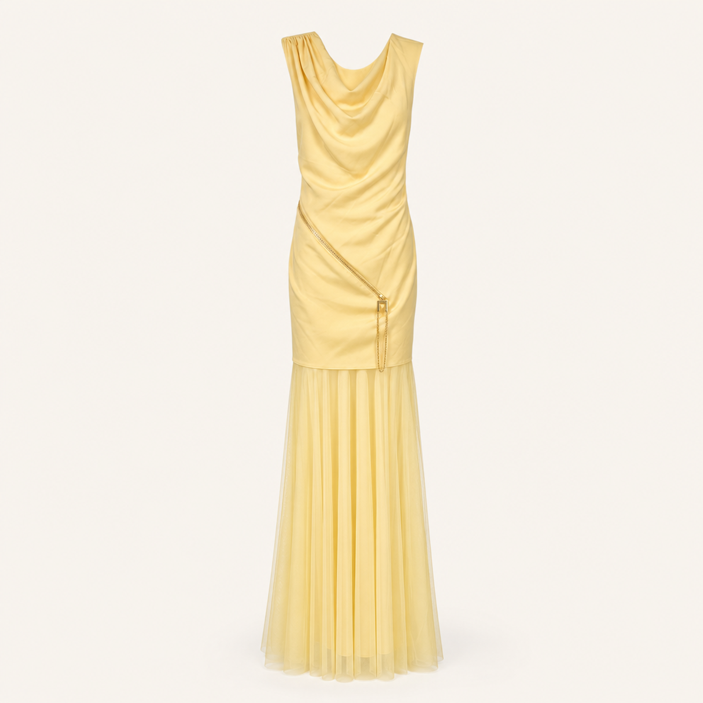 Butter yellow pleated tulle maxi gown with ruched bodice, flat lay by Lord & Taylor Heritage