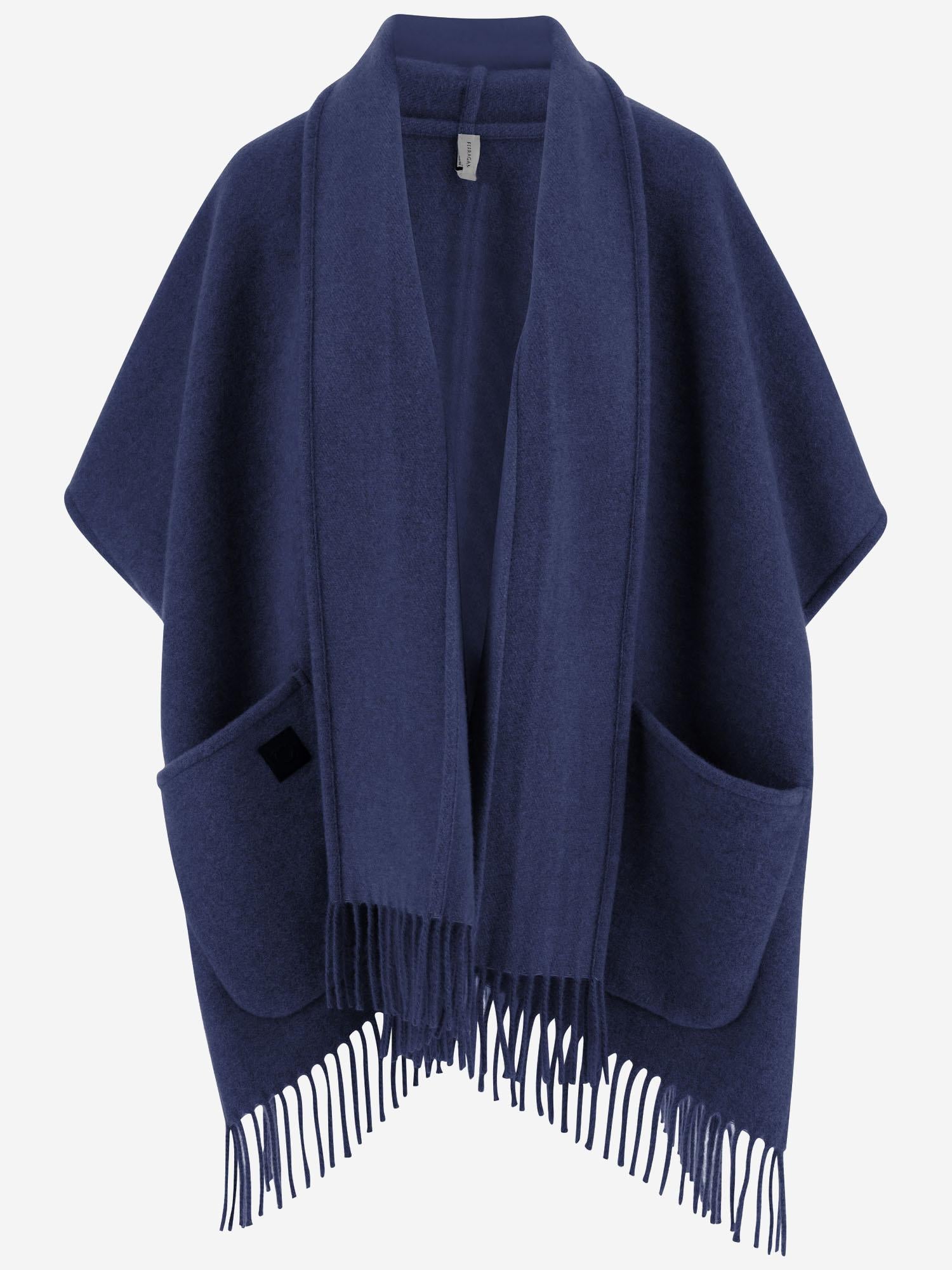 Navy cashmere cape with open-front drape by Ferragamo, front view