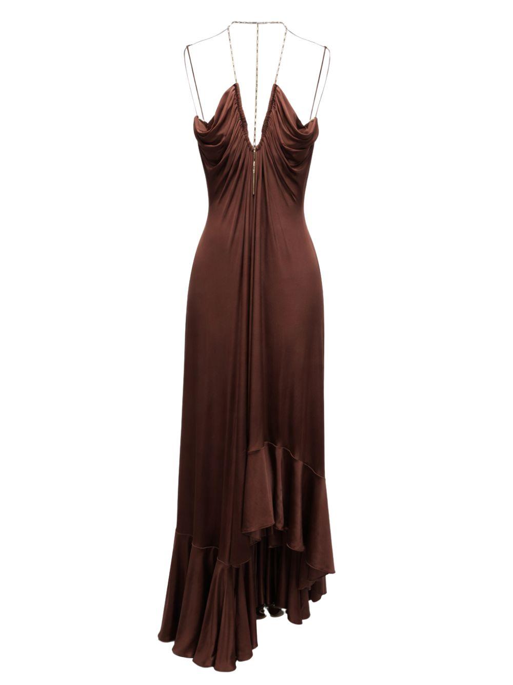 Brown Amen midi dress with asymmetrical hem, side angle by Amen
