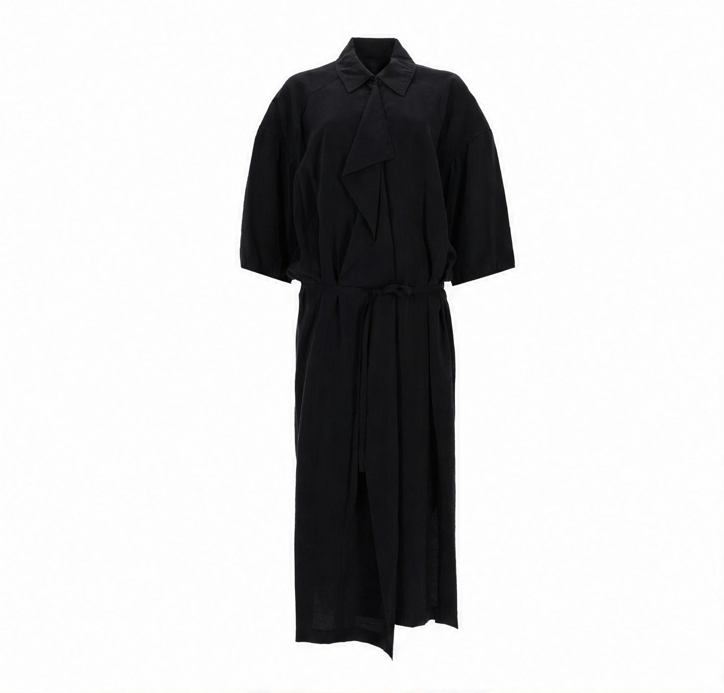 Black Lemaire asymmetrical midi dress, flat lay view
