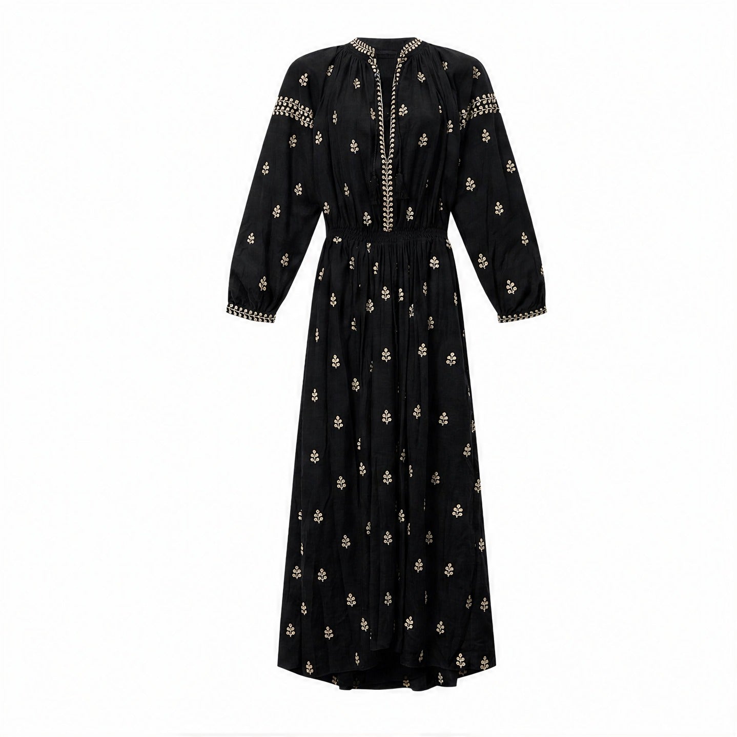 Black embroidered silk maxi dress by Isabel Marant, flat lay view