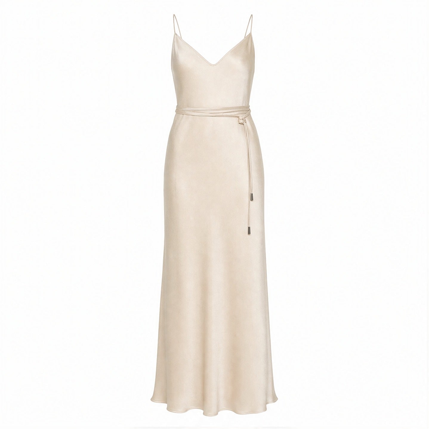Off-white Antonelli midi dress with spaghetti straps, front flat lay
