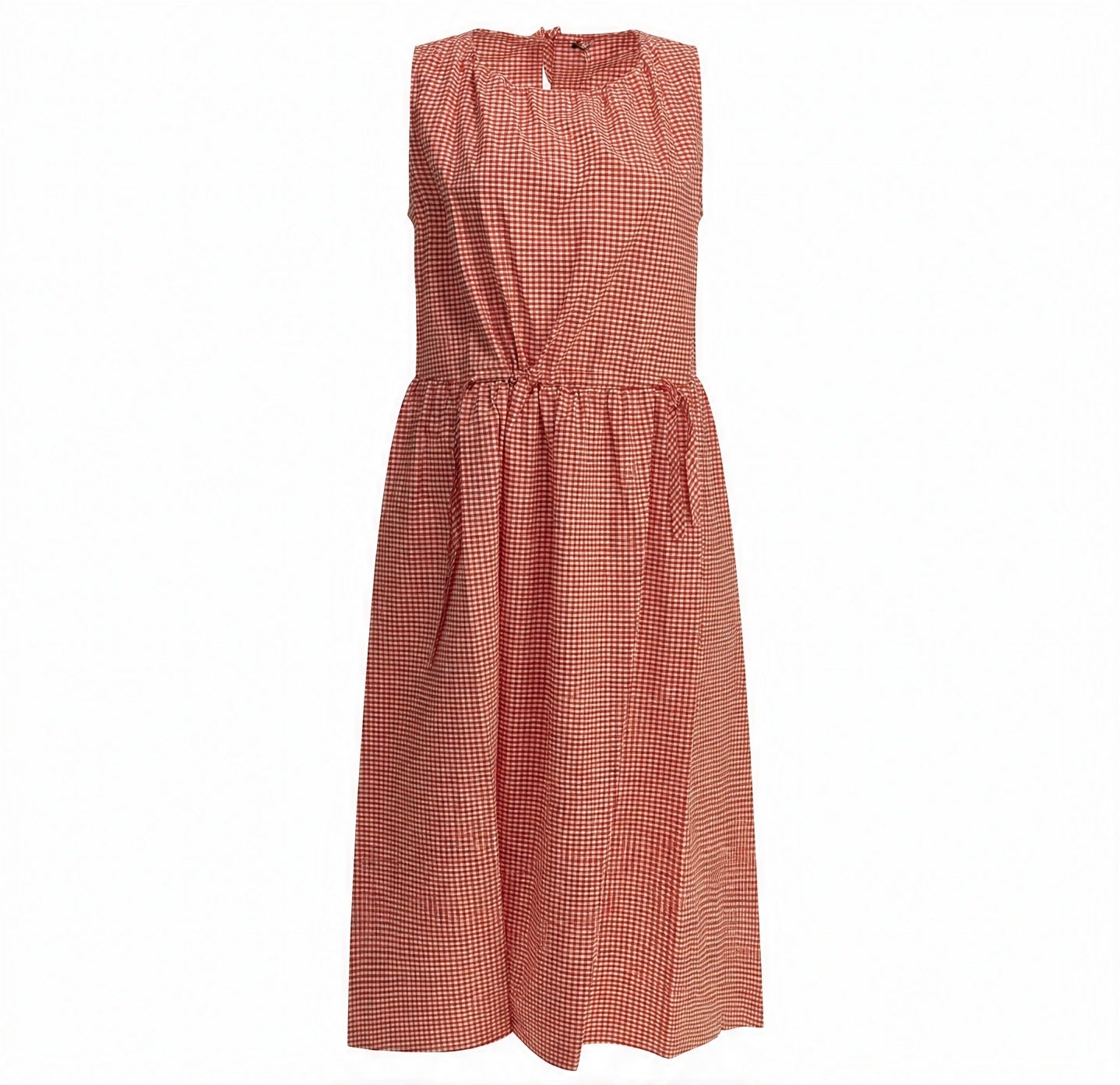 Red checkered sleeveless midi dress by APUNTOB, flat lay view