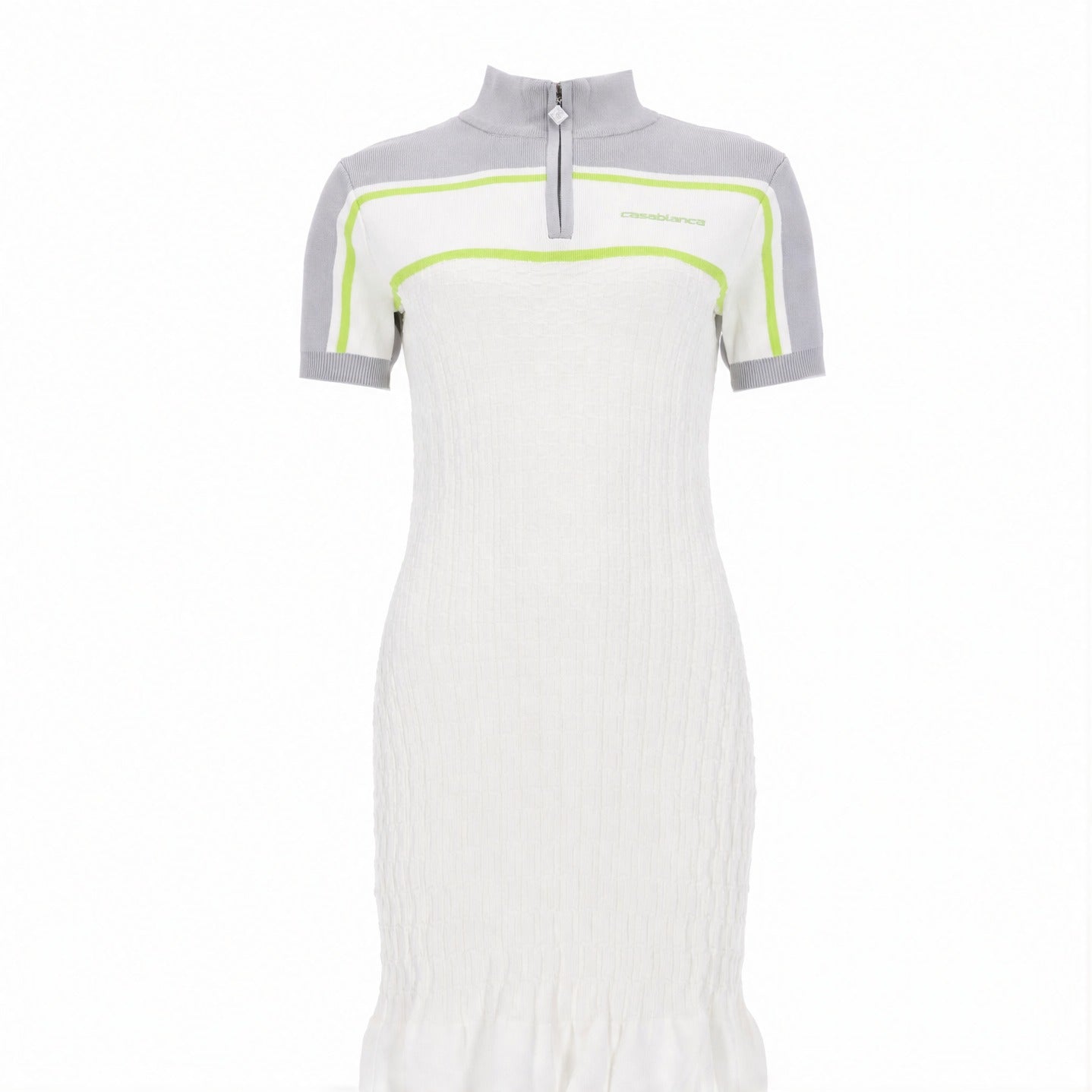 White ribbed knit polo shirt dress with neon yellow piping by Casablanca, flat lay
