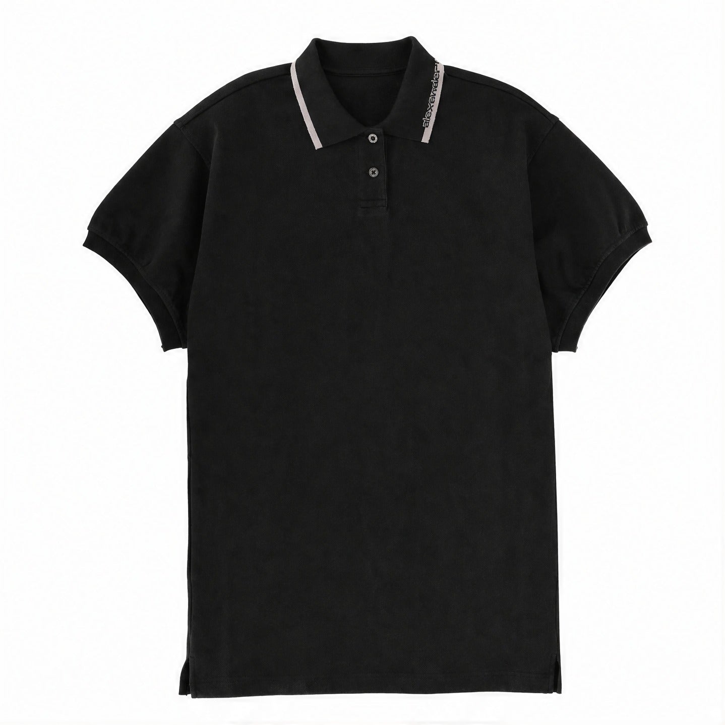 Black cotton polo mini dress by T by Alexander Wang, flat lay view