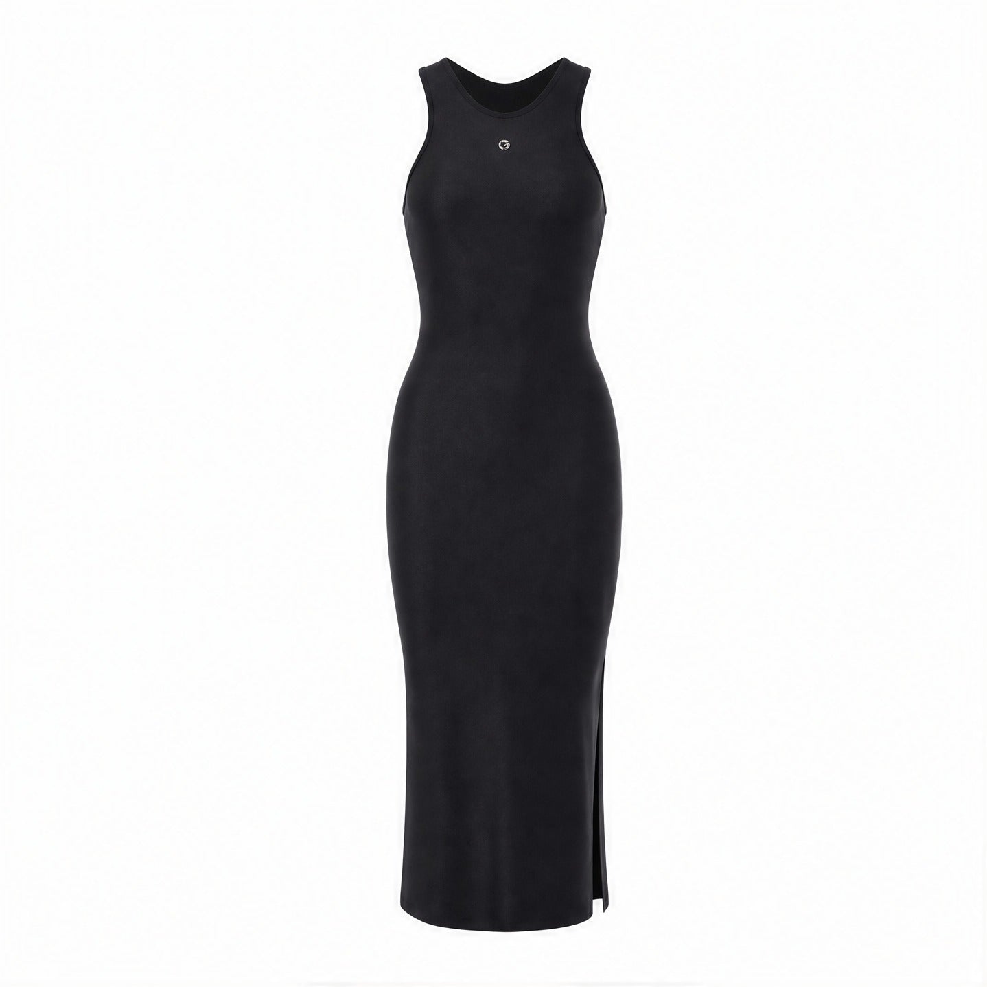 Black Coperni racer tank dress with metallic logo, front flat lay