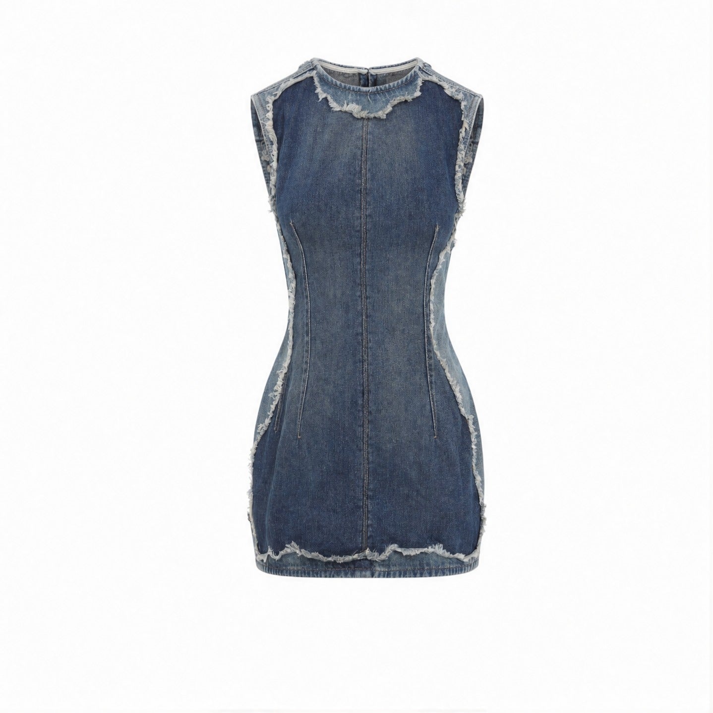 Blue denim mini dress with raw-cut edges by Acne Studios, front flat lay