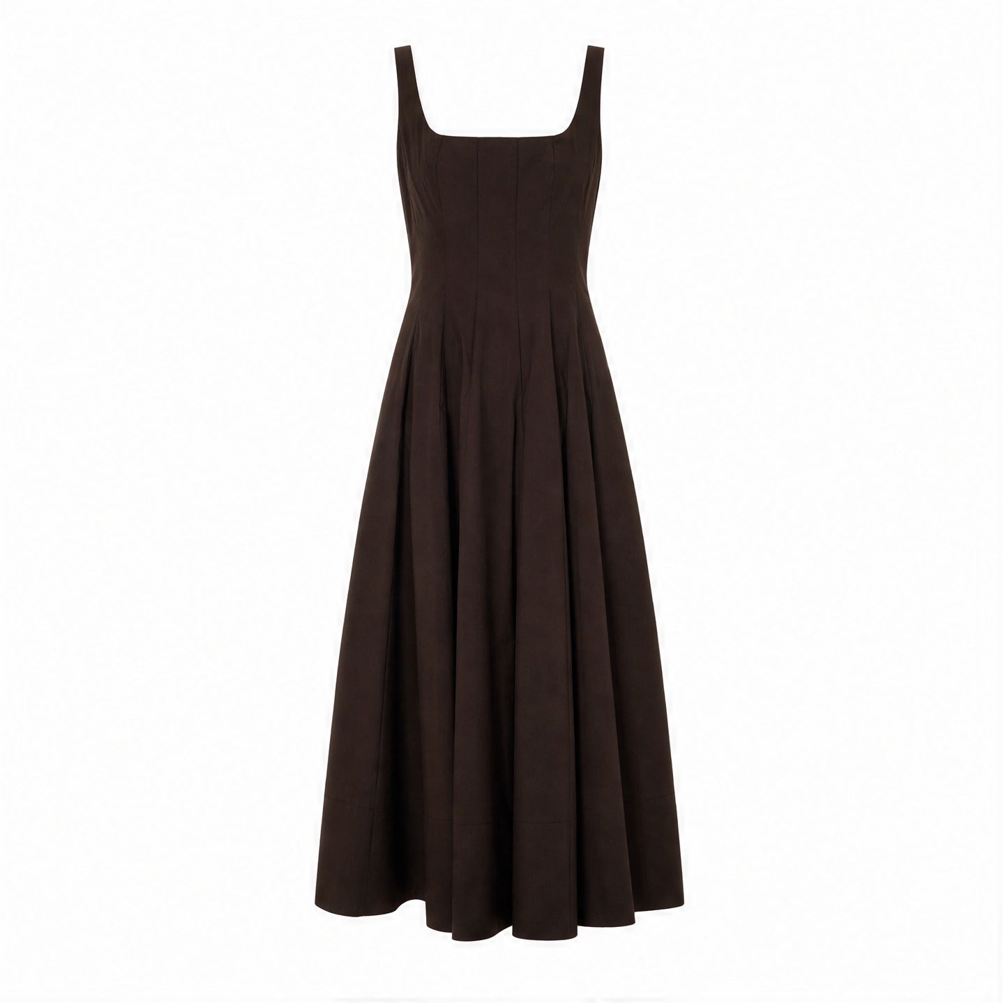 Brown STAUD Wells midi dress, flat lay product shot