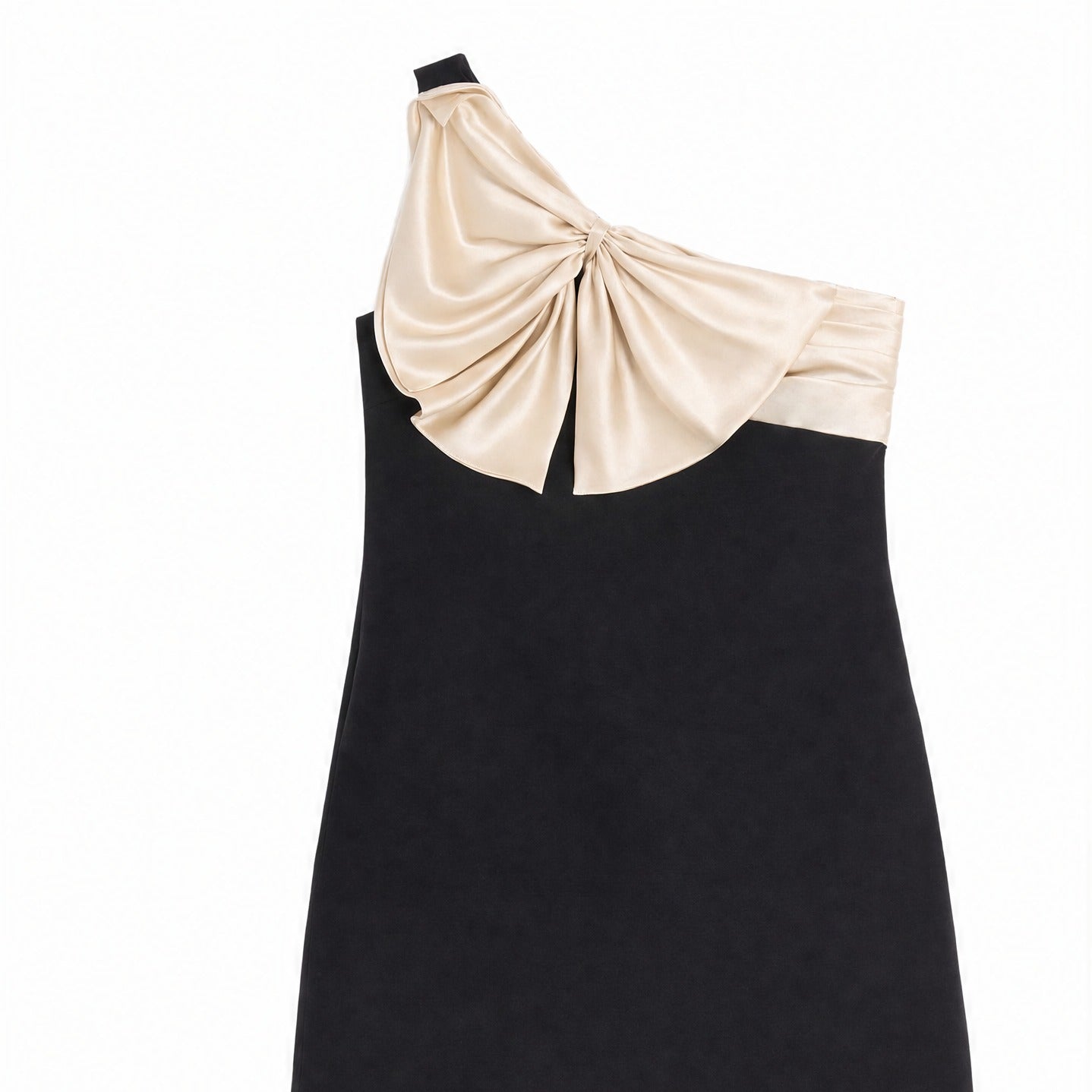 Black Valentino Garavani one-shoulder mini dress with champagne bow, front view