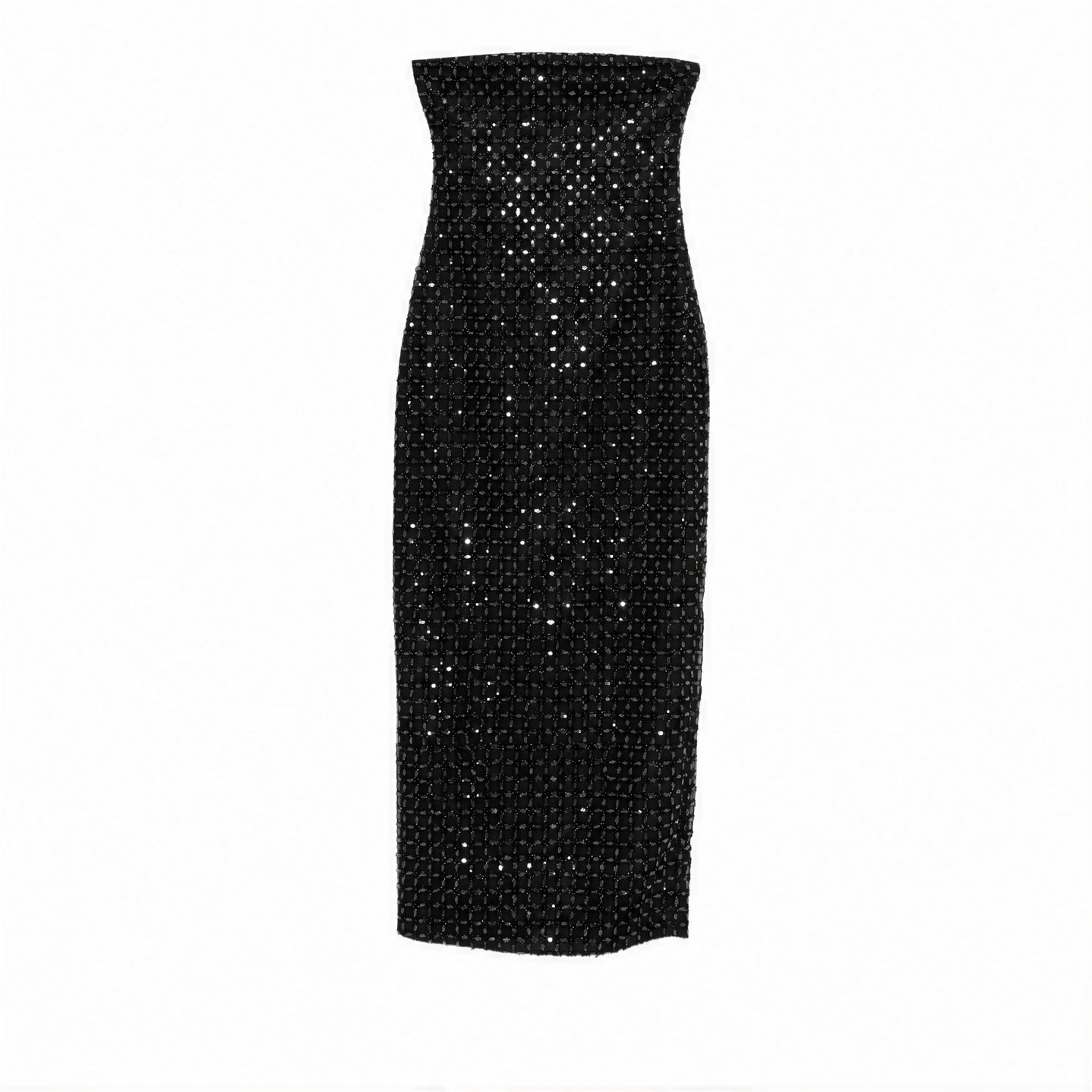 Black beaded maxi dress with strapless construction by ROTATE BIRGERCHRISTENSEN, flat lay view