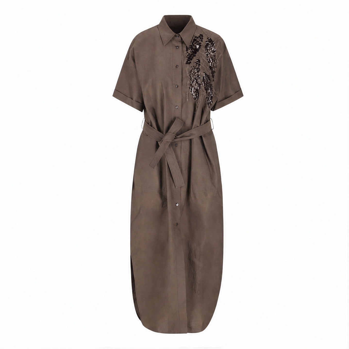 Brown Brunello Cucinelli embroidered midi shirt dress, front flat lay