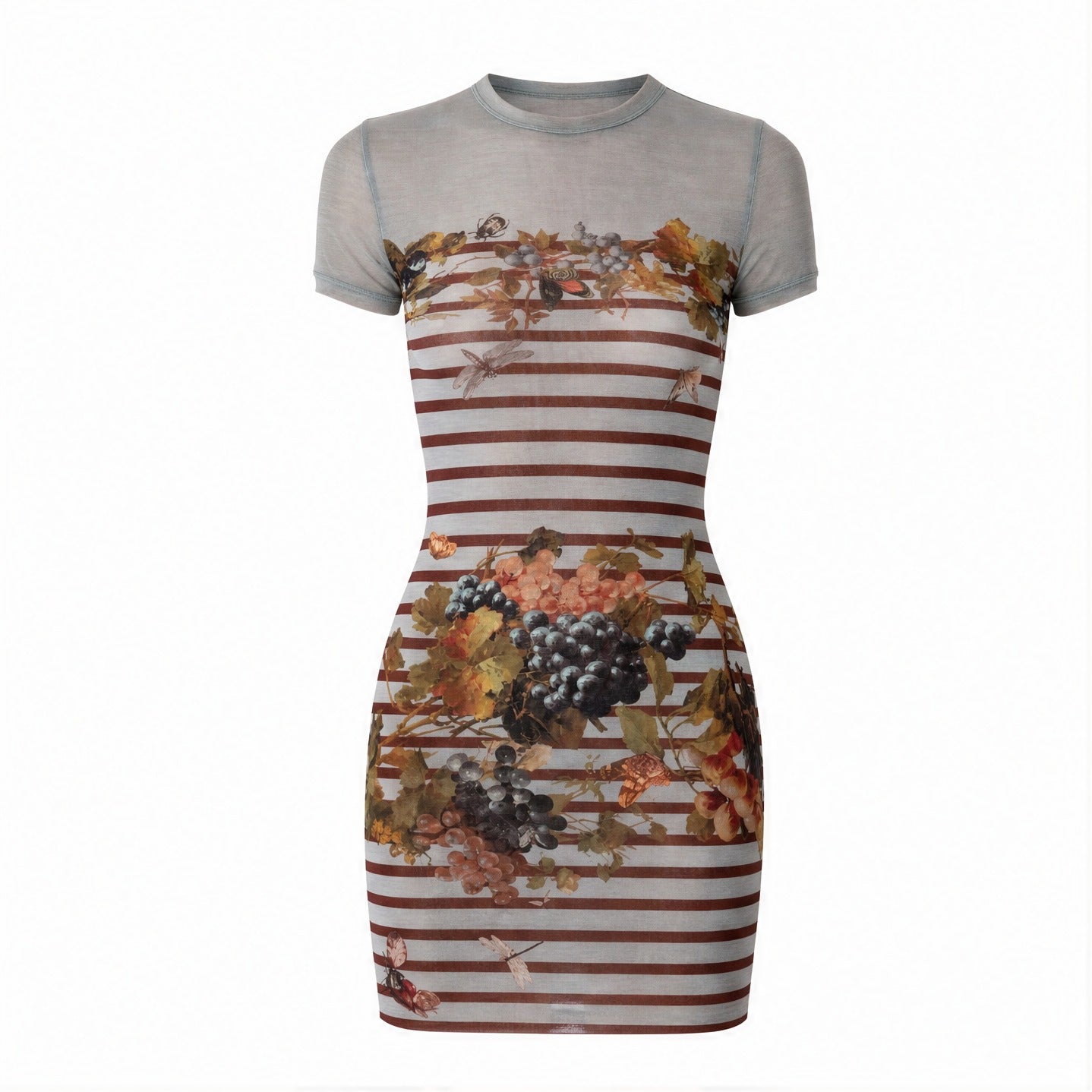 Blue marinière mesh mini dress with grape print by Jean Paul Gaultier, front view