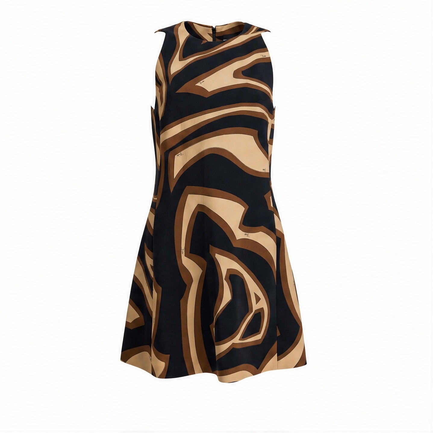 Black Emilio Pucci mini dress with geometric wave pattern, flat lay view