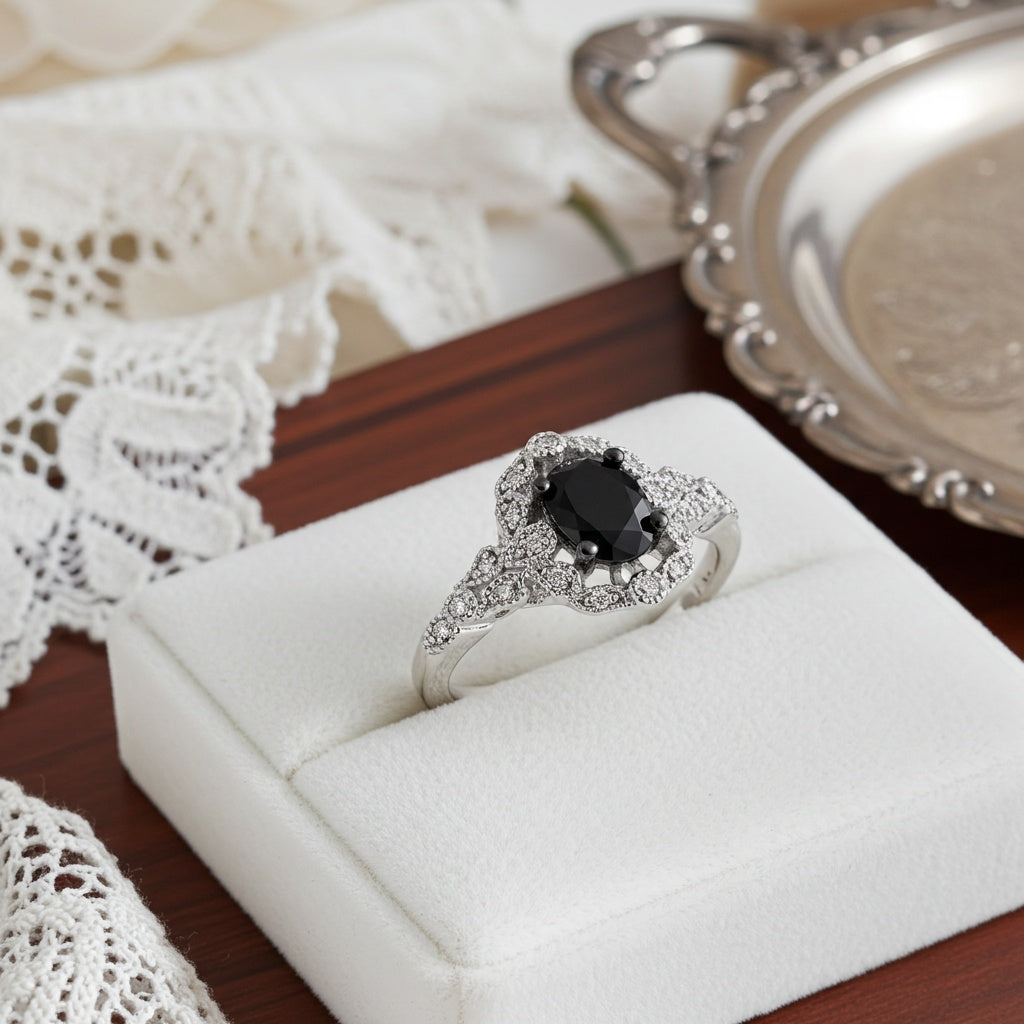 White gold black diamond halo ring with milgrain finish by Lord & Taylor, front view