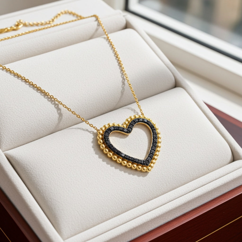 Yellow gold heart pendant necklace with black diamonds, front view by Lord & Taylor