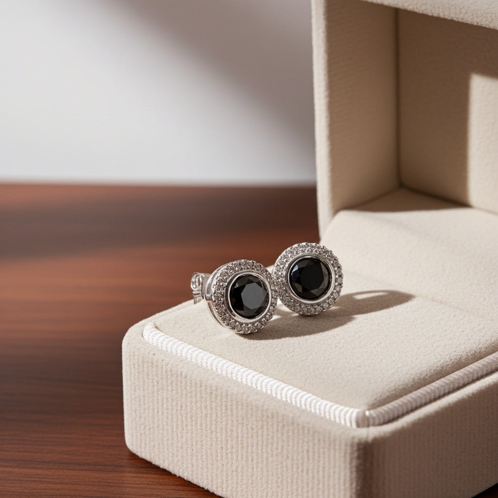 Black and white diamond halo stud earrings in 14k white gold by Lord & Taylor, front view