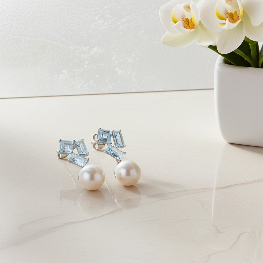 White gold pearl and blue topaz cluster dangle earrings by Lord & Taylor, front view