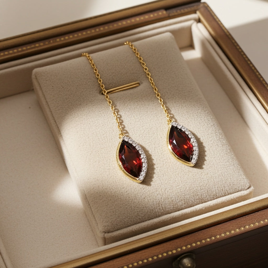 Red garnet threader earrings with diamonds in 14k yellow gold by Lord & Taylor, front view
