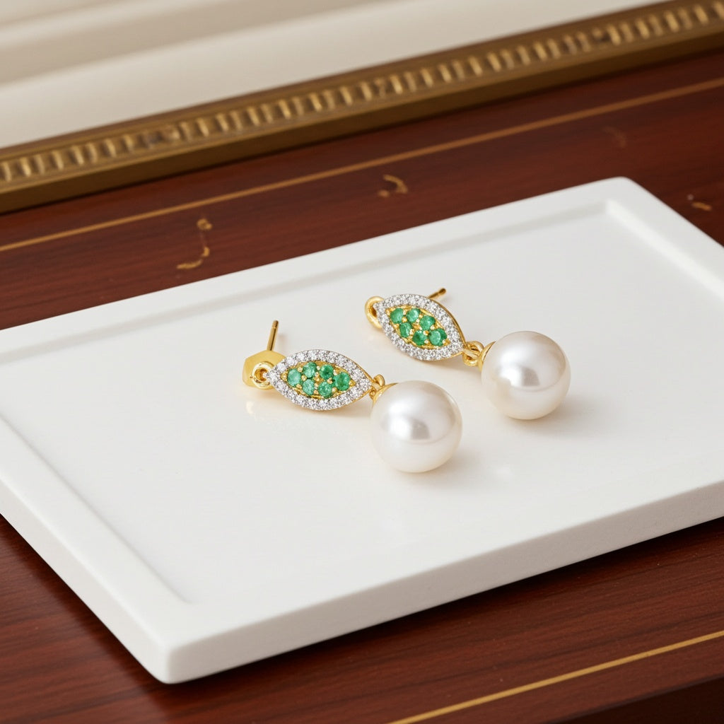 Cultured Freshwater Pearl Emerald & Diamond Marquise Shape Drop Earrings in 14k Yellow Gold Jewelry Lord & Taylor