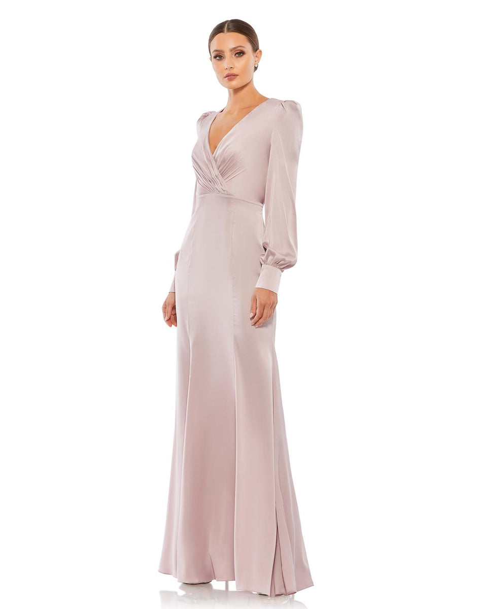 Dessy Collection Bishop Long Sleeve Open Back Trumpet Gown