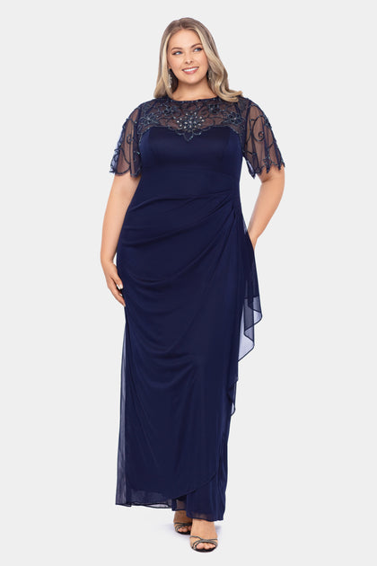 Xscape Plus Size Long Sleeve V-Neck Crystal Beaded Gown