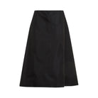 Black Marni midi skirt showing circle design and widened hem, side angle