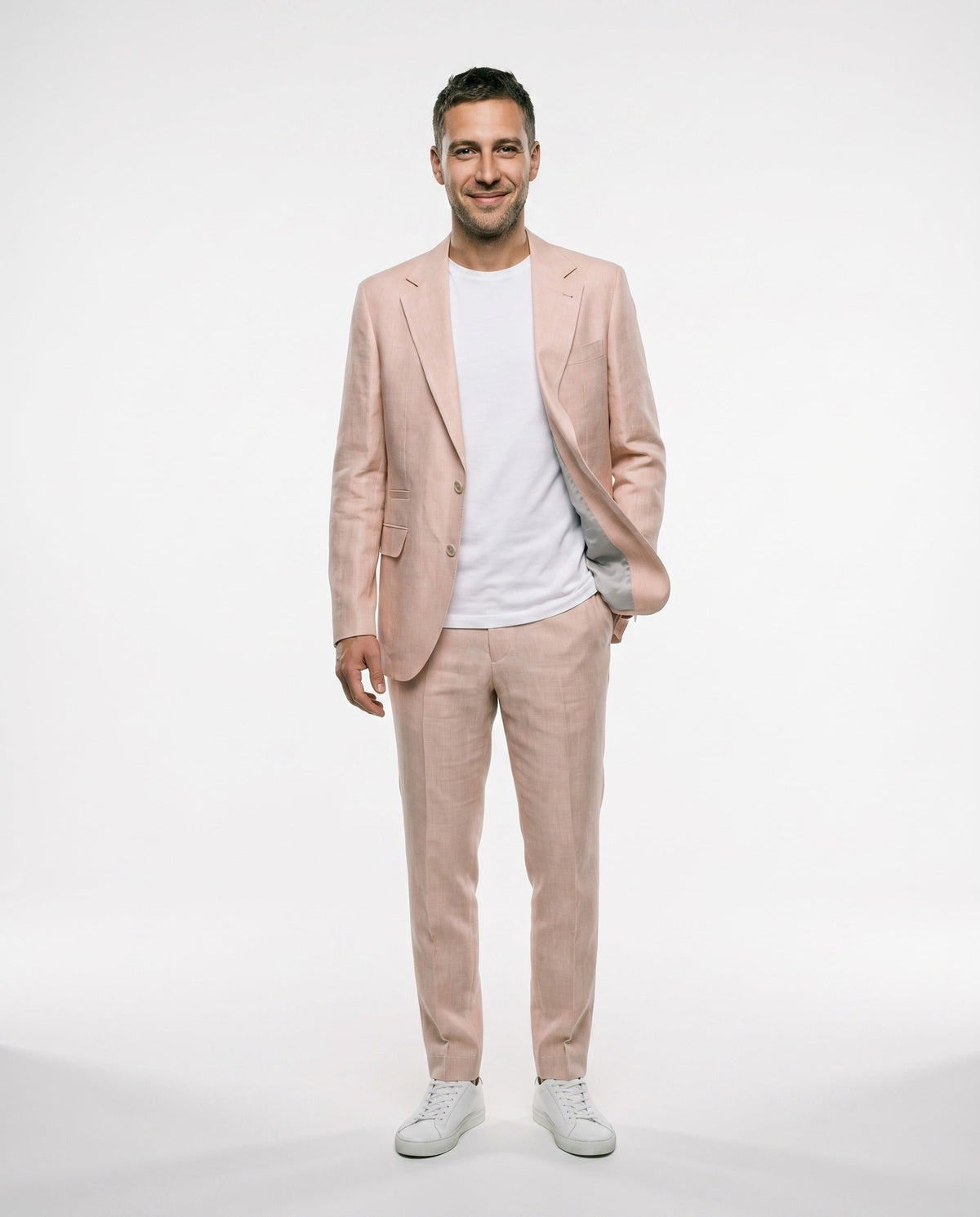 Papaya wool linen suit by Brunello Cucinelli, back view