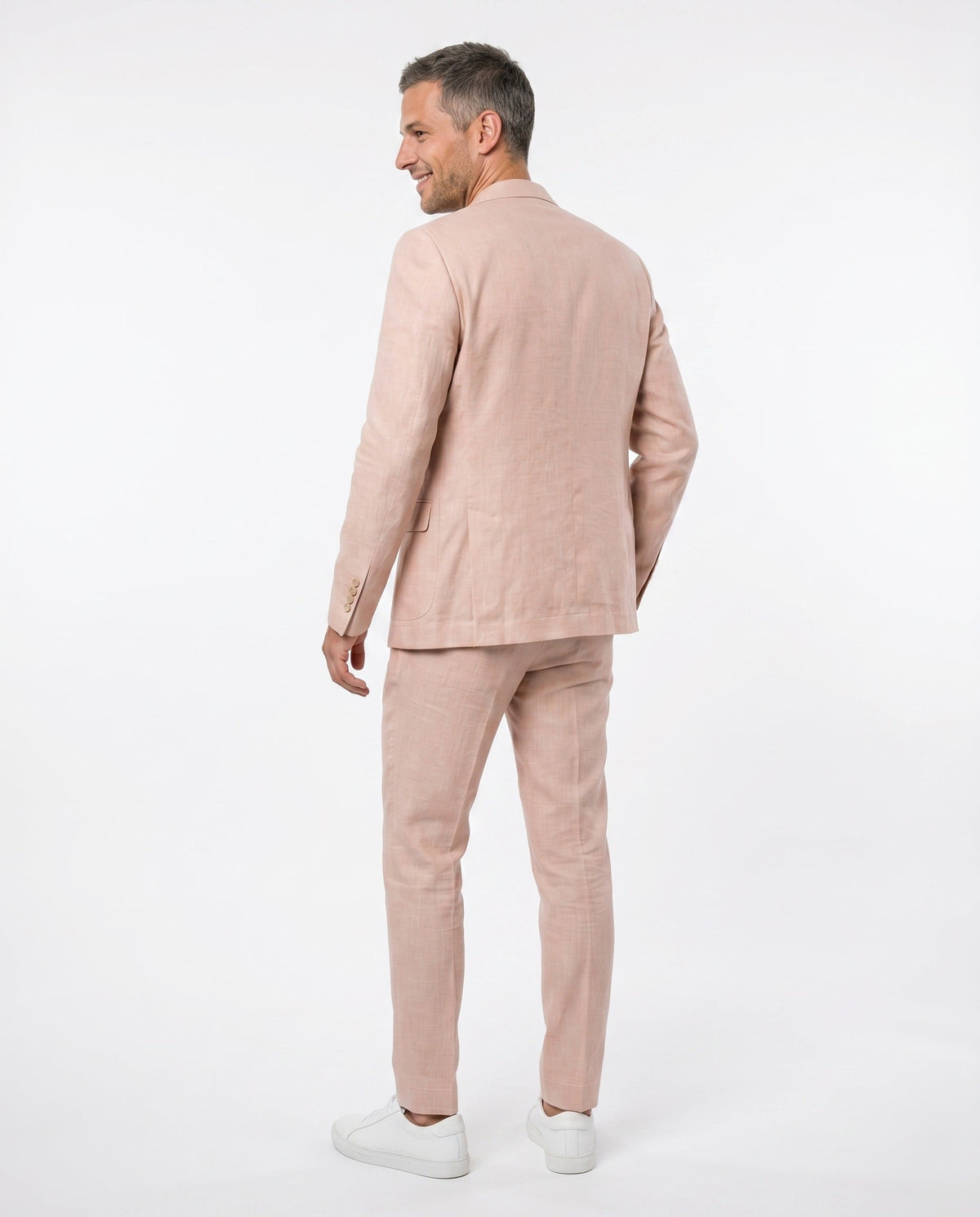 Papaya wool linen suit jacket by Brunello Cucinelli, detail of notched lapel