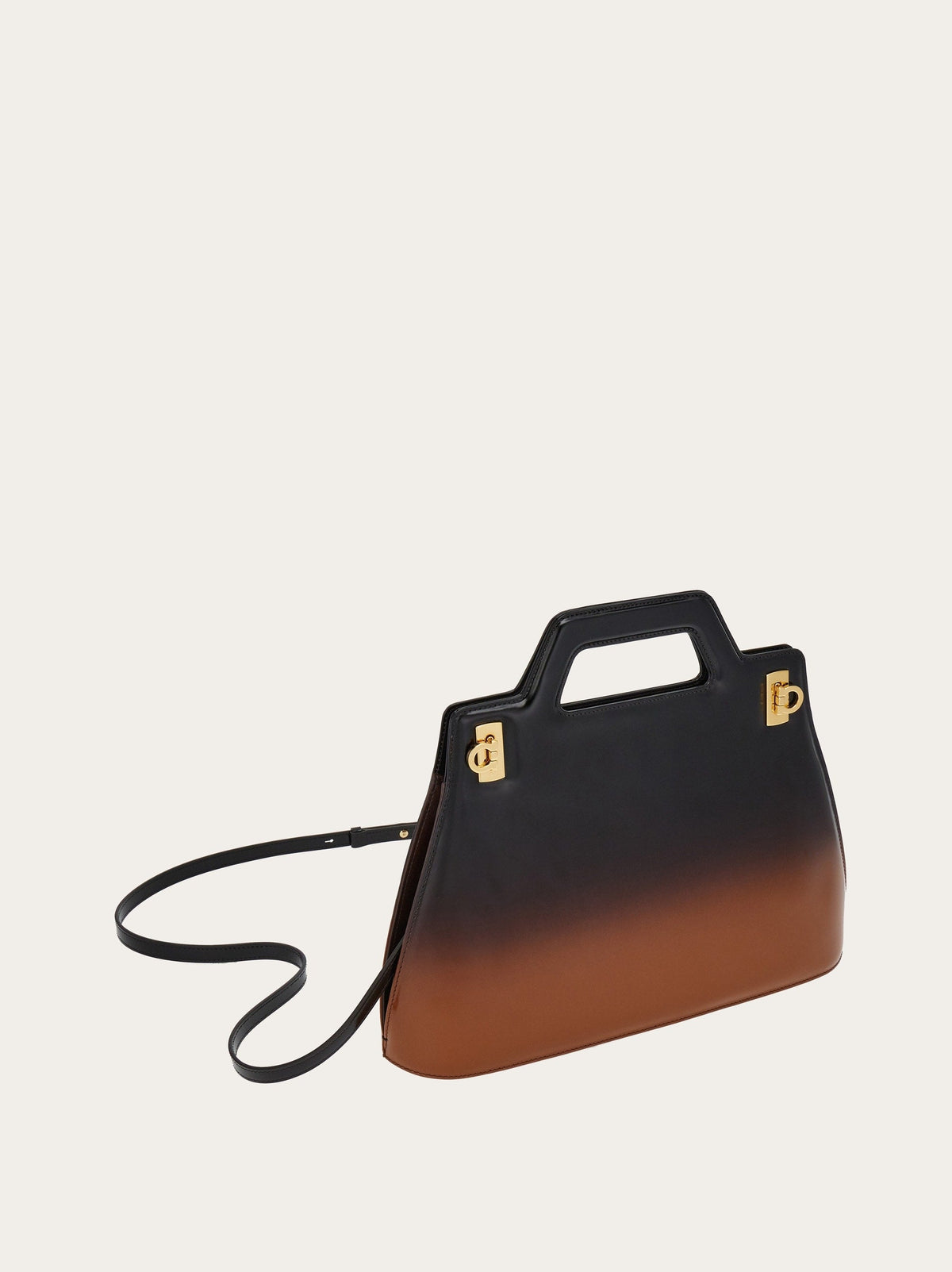 Black-to-brown ombré Salvatore Ferragamo handbag with sculptural handle, alternate angle