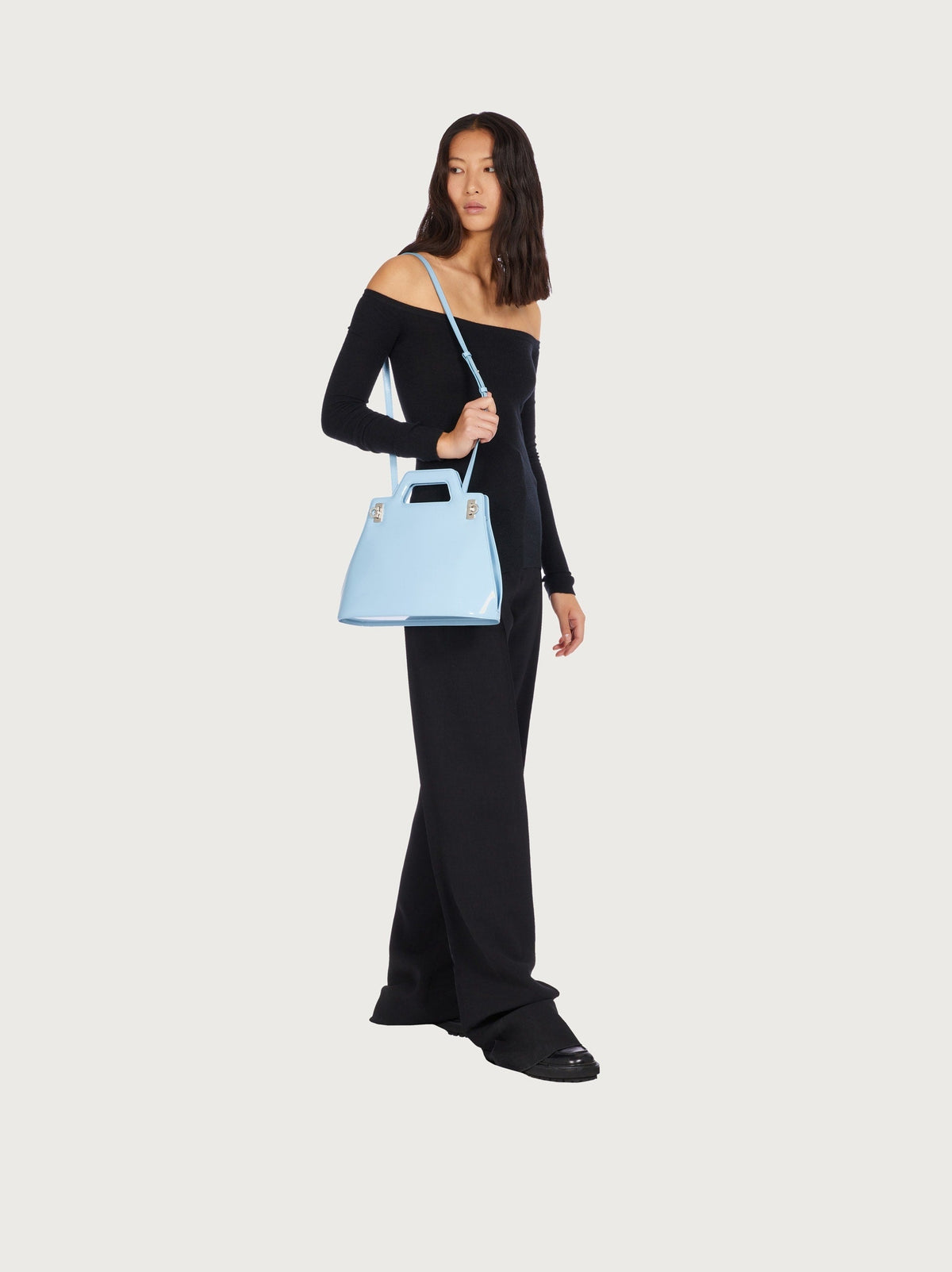 Light blue Salvatore Ferragamo leather bag, back view