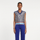 Blue paisley knit top with V-neckline by Salvatore Ferragamo, front view
