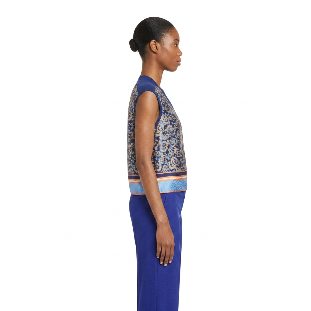 Blue paisley knit top by Salvatore Ferragamo, back view