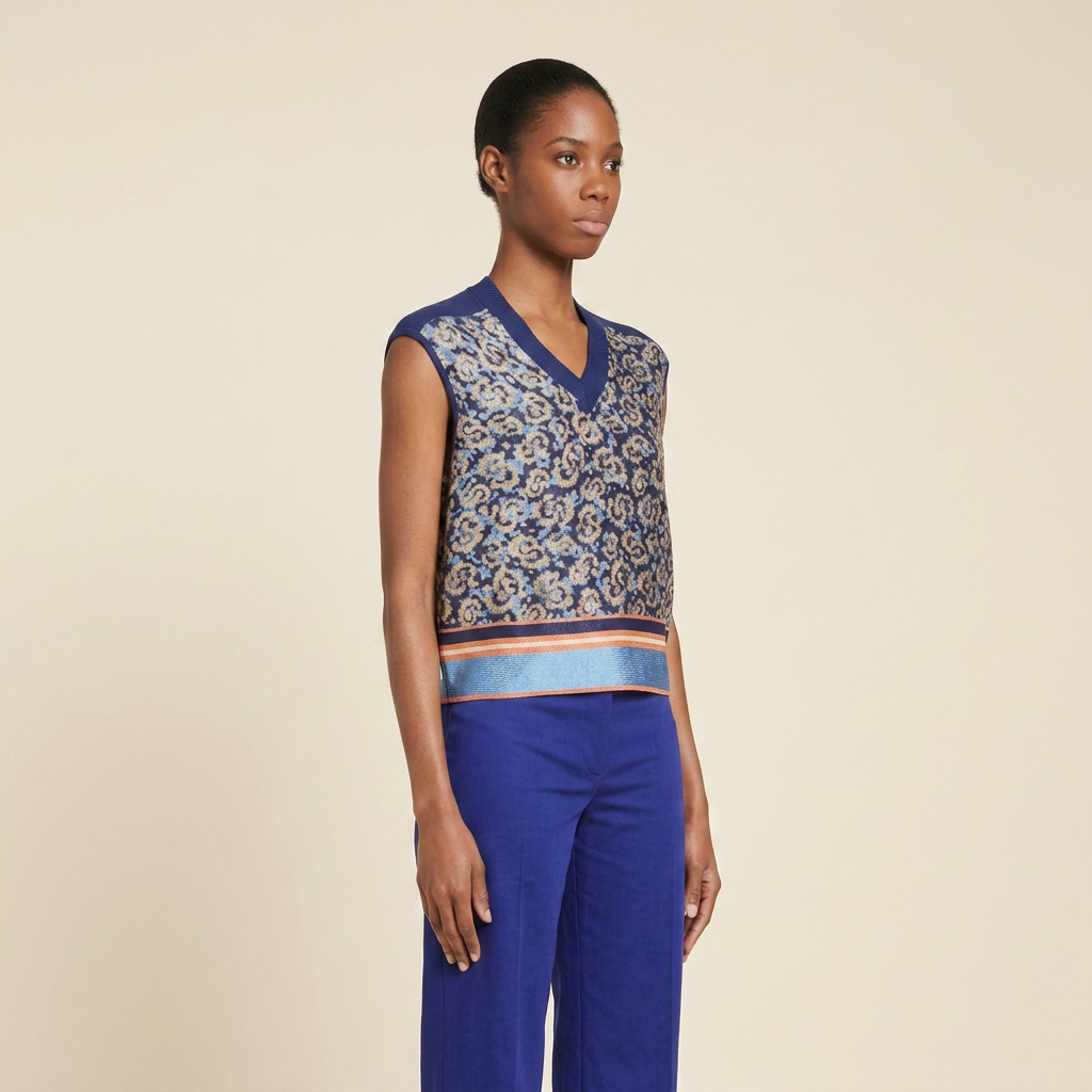 Blue paisley knit top by Salvatore Ferragamo, side view