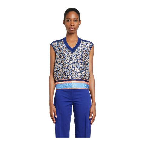 Blue paisley knit top by Salvatore Ferragamo, detail view of pattern