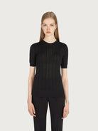 Black Salvatore Ferragamo wool knit top with openwork detail, back view