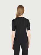 Close-up of Gancini motif openwork on black wool knit by Salvatore Ferragamo
