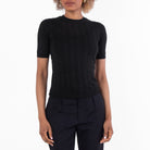 Black wool knit top with short sleeves by Salvatore Ferragamo, full view
