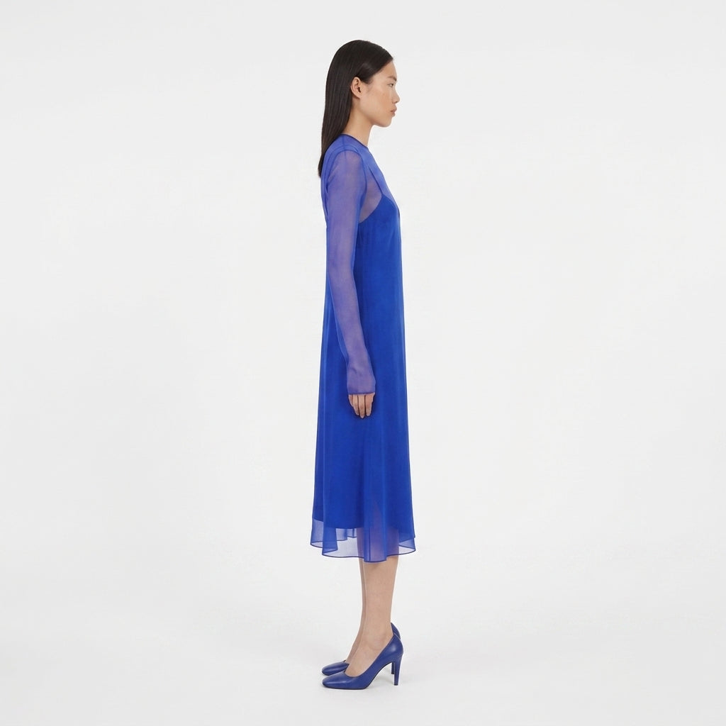 Bluette Salvatore Ferragamo midi dress showing layered construction, back view