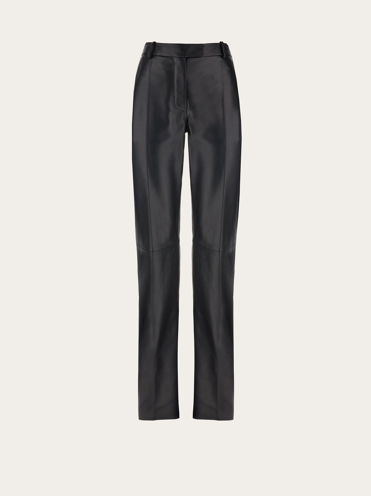 Black leather straight-leg trousers by Salvatore Ferragamo, front view