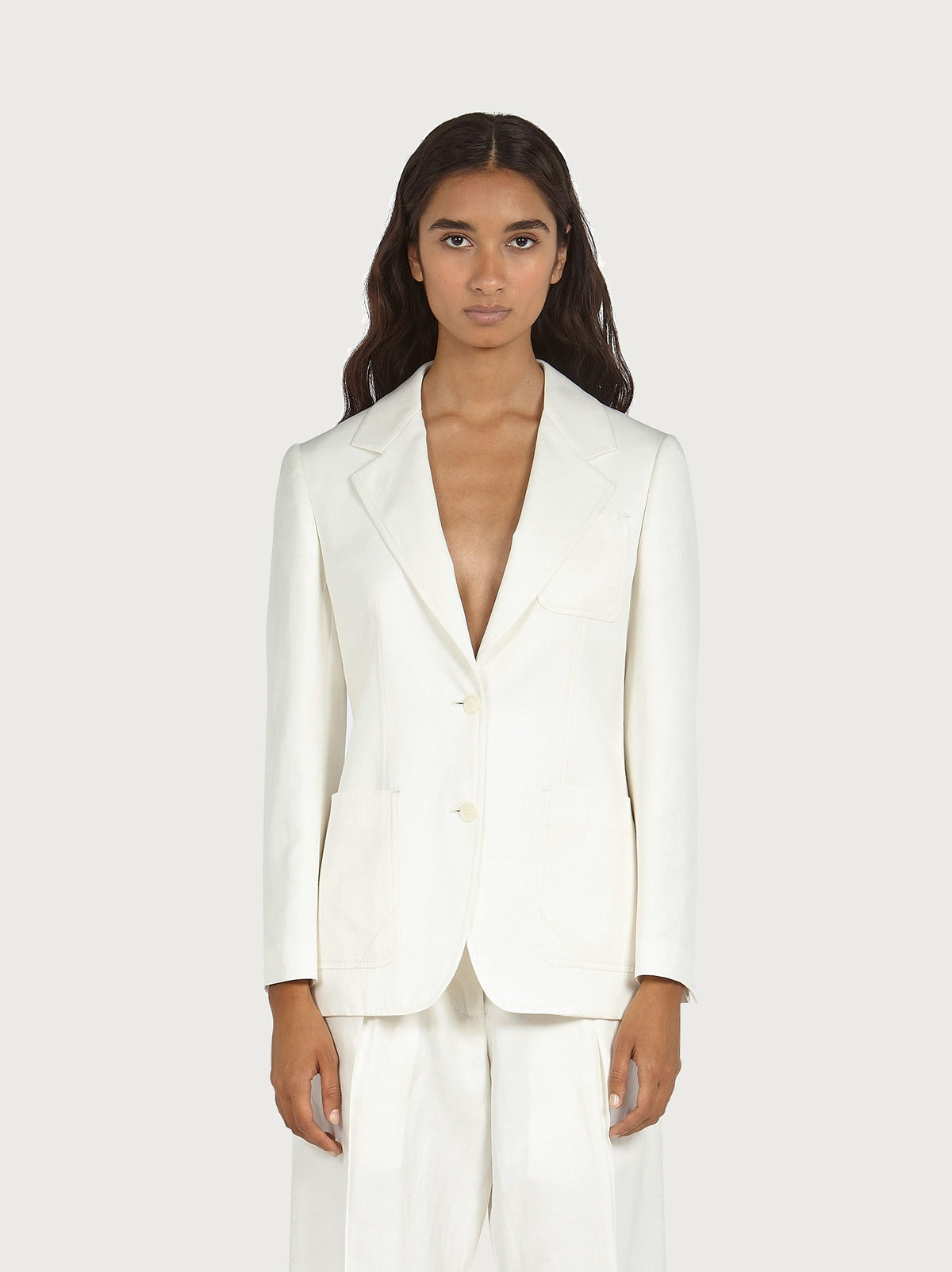 White Salvatore Ferragamo blazer with notch lapels, detail view