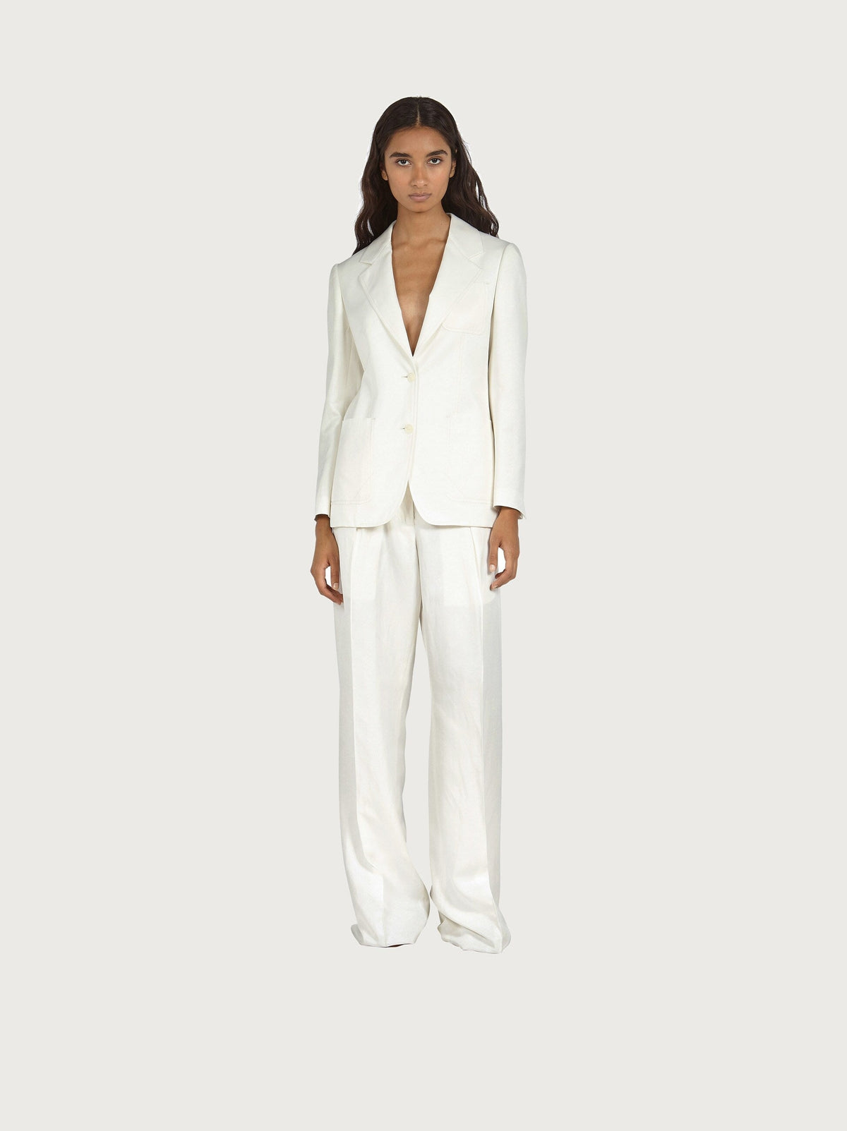 White Salvatore Ferragamo blazer two-button closure, close-up