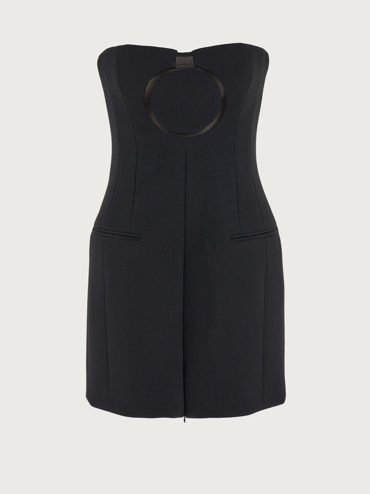 Black Salvatore Ferragamo strapless bustier mini dress with circular cutout, front view
