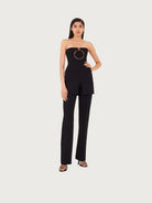 Black Salvatore Ferragamo mini dress, close-up of sweetheart neckline and bustier construction